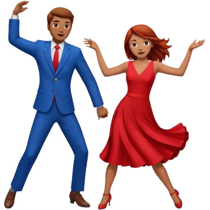 Two people dancing one wearing red and one wearing blue. Brown hair and red hair emoji