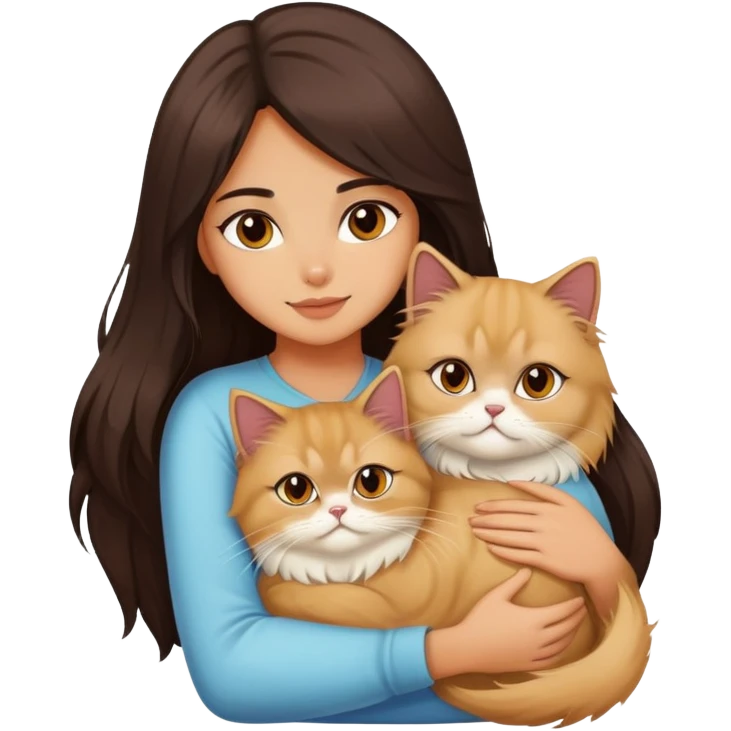 A pretty girl with long dark hair is hugging her light hair persian cat. emoji