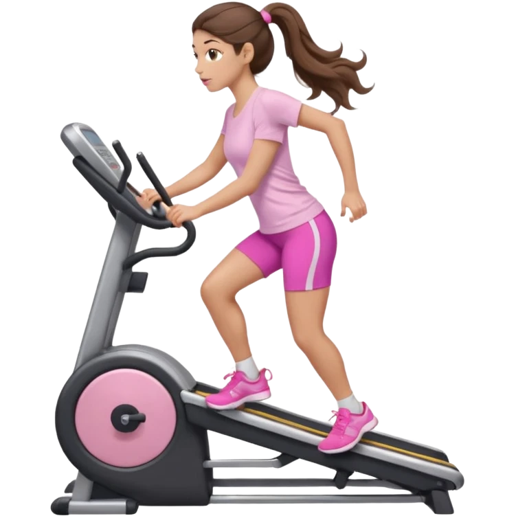 girl with wavy long ponytail brown hair, brown eyes, light to medium complexion, long lashes, light pink lipstick, wearing light pink shirt, on a stairstepper workout machine emoji