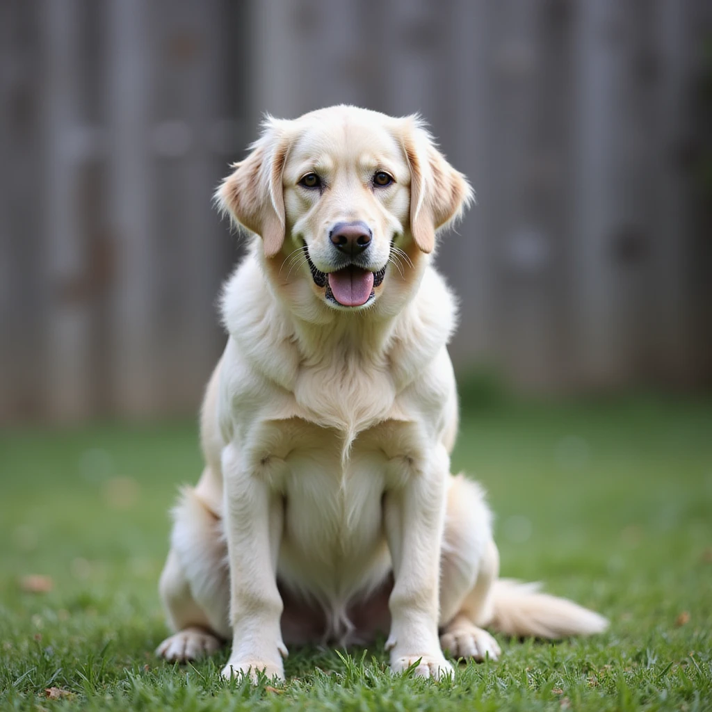 adult english cream golden retriever sitting on grass, facing camera, fence in the background emoji