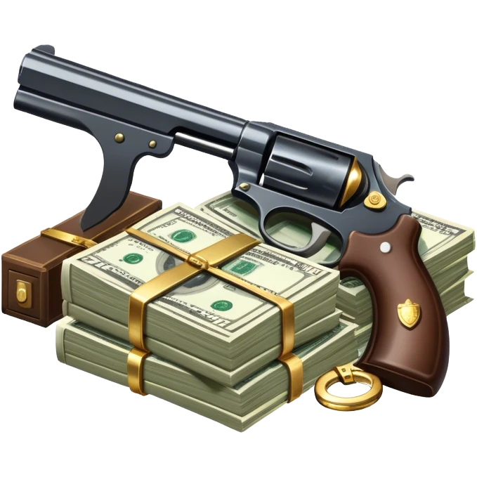 Icon for Action & Crime Reading: an open book, a revolver, handcuffs. Surrounding elements include a dark alley, a police badge, and a pair of sunglasses. The icon should evoke tension, suspense, and action. a stack of cash. Transparent background. emoji