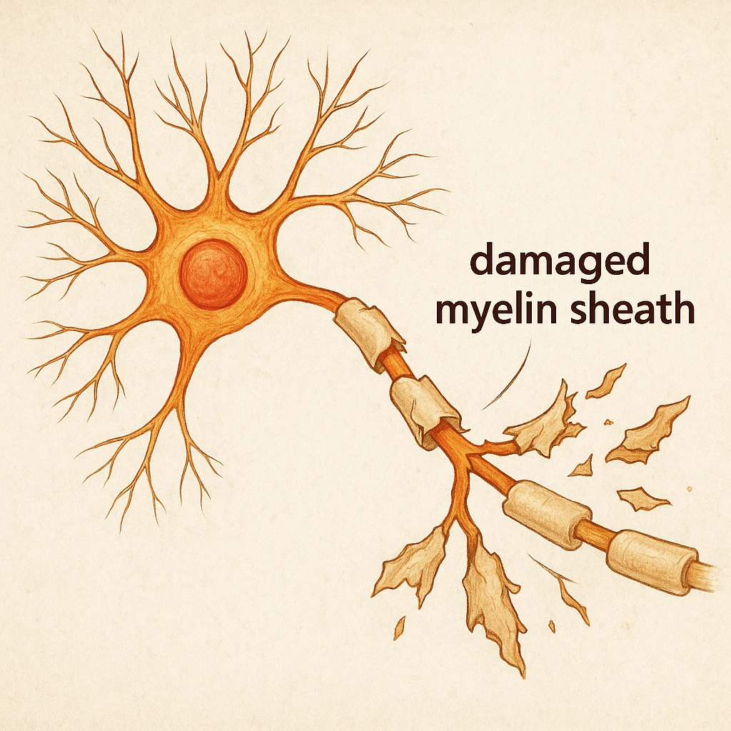 neuron showing damaged and fraying myelin sheath, clear breakdown, medical illustration style emoji