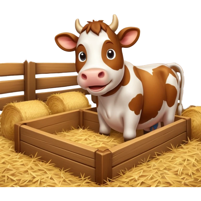 cute cow feeding scene inside a cow barn, wooden stable, hay bales, feeding trough, happy cow eating hay, warm farm lighting, 3D cartoon, mobile game icon style, clean background, no text, no watermark
 emoji