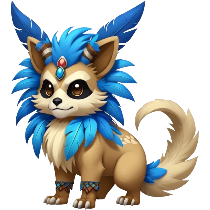 Furry cute colorful exotic tribal feral anime-styled Fakémon-Pokémon-animal-creature with a skull mask, and a feather-mane-collar, and blue feathers, with long furry ears, long furry tail, 4 legs, (full body) emoji
