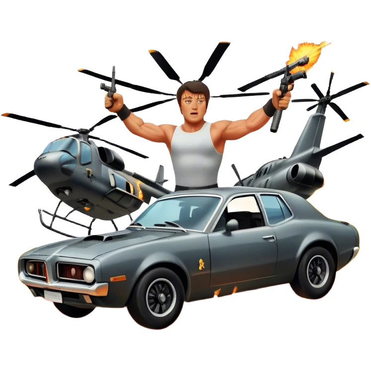 Icon for Action Movie: A vintage movie poster-style design featuring intense action scenes with explosions, weapons, and dramatic poses of Stallone. Include cars and helicopters flying out of flames in the background. Bold typography and retro cinematic style. Transparent background. emoji