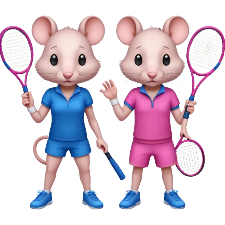 Make and female rat playing tennis one wearing blue tennis clothes and the other wearing pink emoji