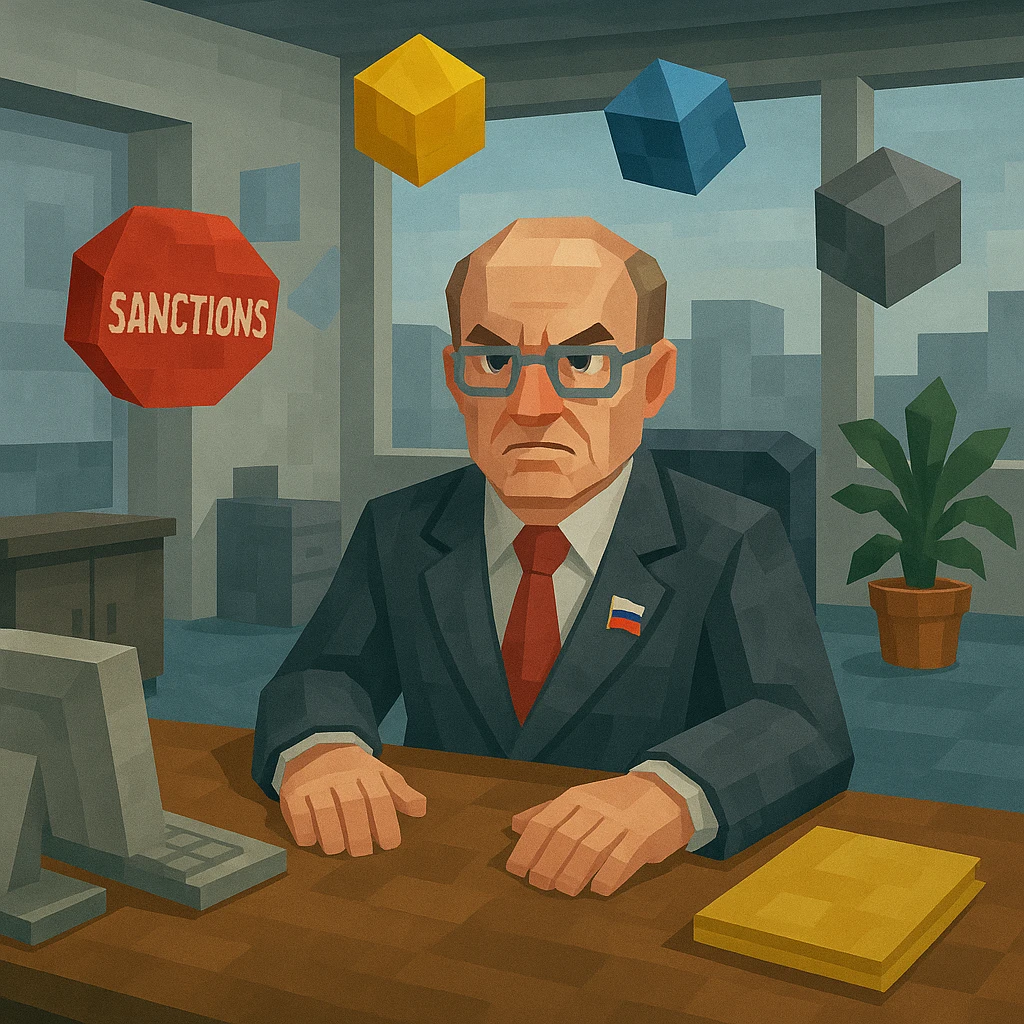 A stern Russian financial official at a desk, geometric shapes representing sanctions, modern office, Russian flag color palette, low poly 3D style. emoji