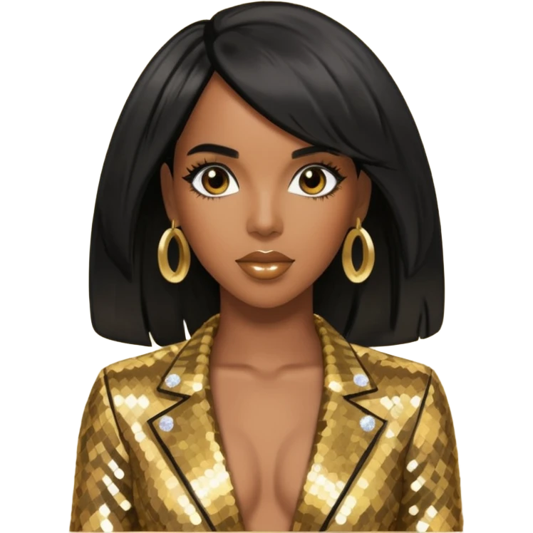 Kelly Rowland with black hair, gold sequin outfit emoji