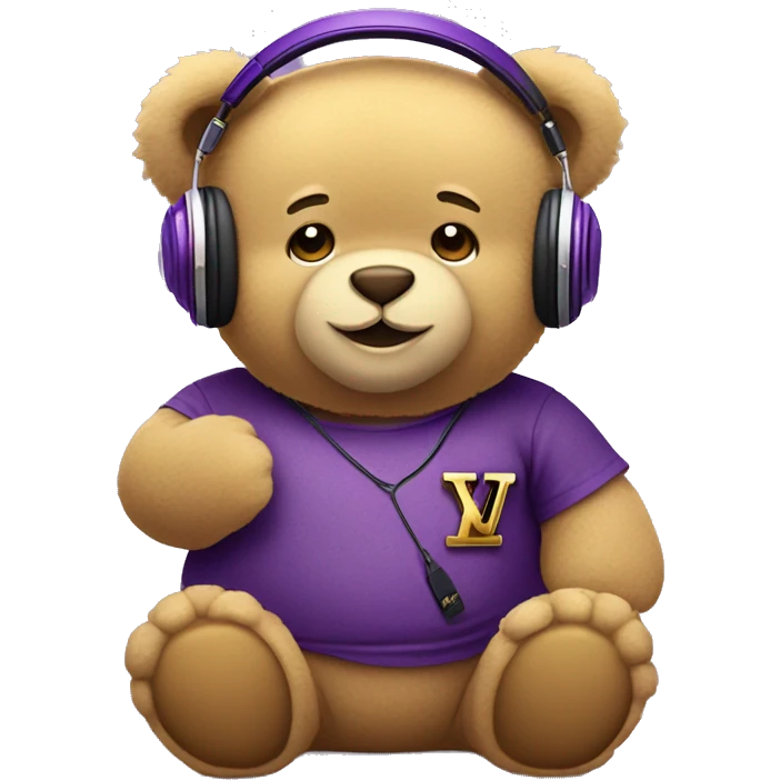 chubby cute teddy bear wearing gold headphones that has a cherry symbol on the left ear and wearing a purple Louis Vuitton shirt emoji