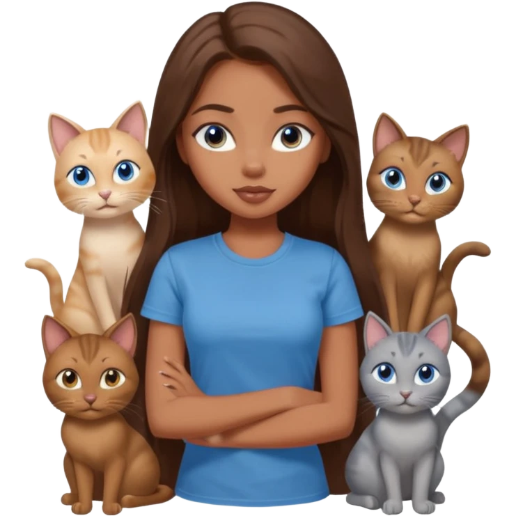 a pretty bratz dusky girl with long brown hair, blue eyes with six cats nd wearing a grey tshirt emoji