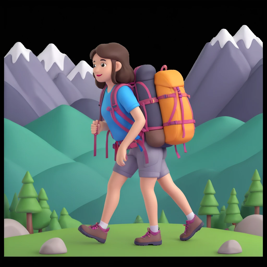 portrait of girl back packing mountains in background, close up pose emoji