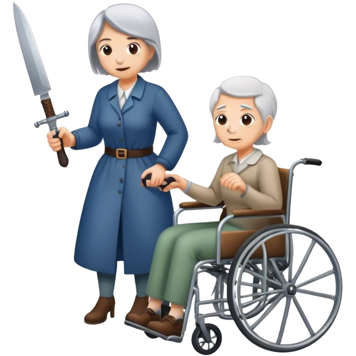 Woman with a knife in one hand, pushing with the other a wheelchair with an old man emoji