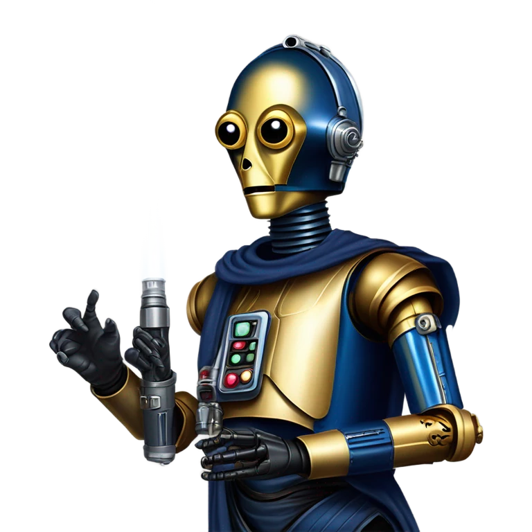 tough well-equipped jedi first order life-sized darkblue-pearl C3po as a friendly bounty hunter droid wearing a leather clothing old west duster coat holding light saber emoji