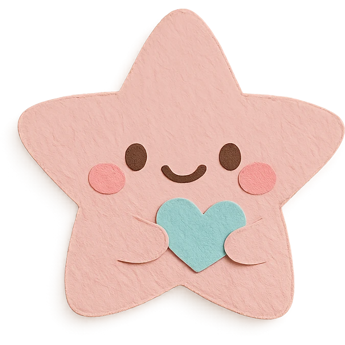 smiling pastel pink star clutching a small pastel heart, no arms or legs, full body, transparent background, kawaii paper craft style emoji