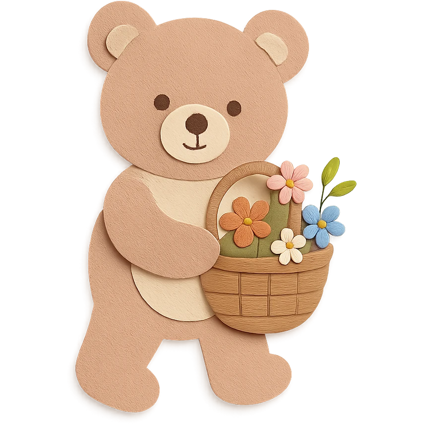 bear carrying a basket of wildflowers, soft pastel brown and cream, paper-craft style emoji