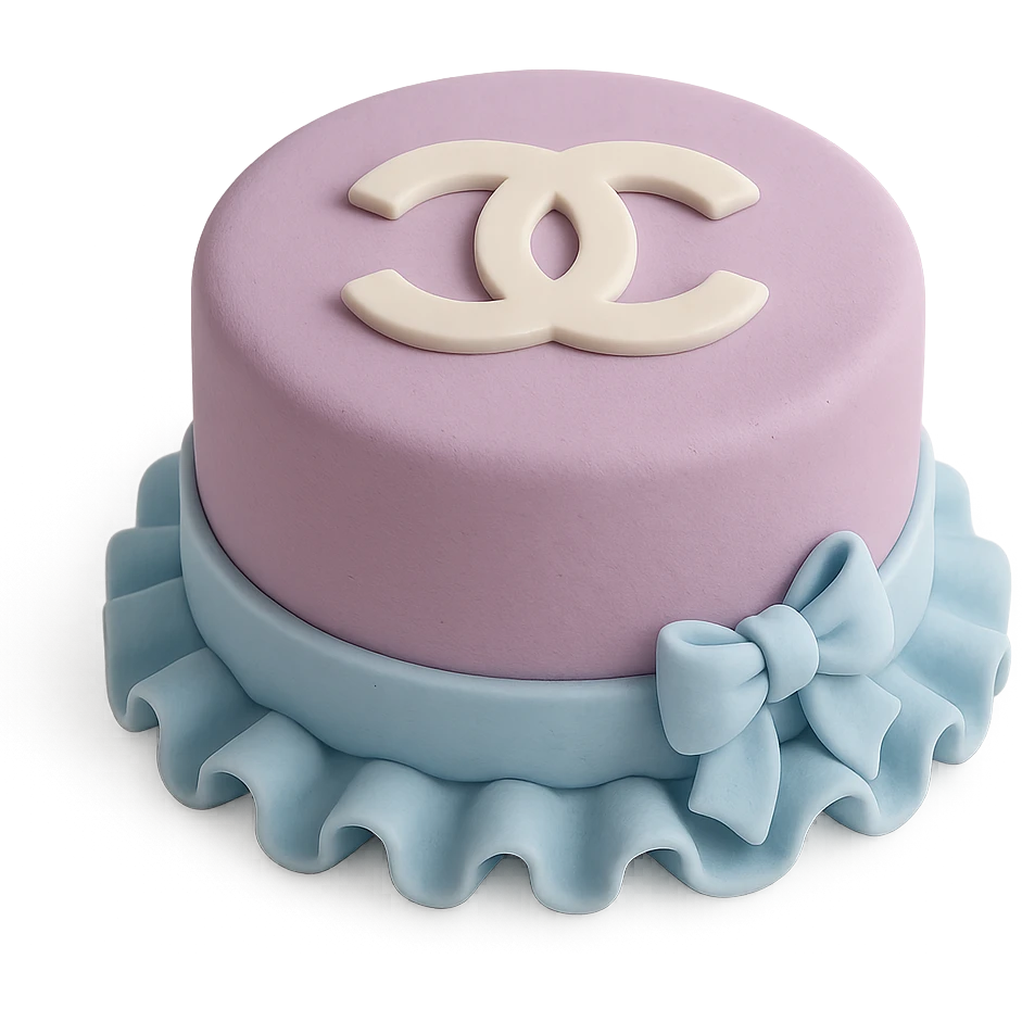 round Chanel cake in pastel lavender and baby blue, with a white edible logo on top, fondant cake art style emoji