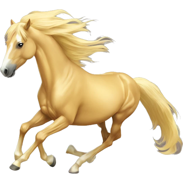 Yellow palomino horse with long flowing mane galloping with prosthetic leg, slender horse, solid yellow horse, running, yellow horse galloping with prosthetic leg, pretty horse emoji