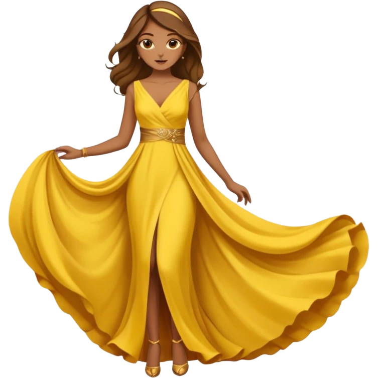 Woman using a long elegant yellow dress. She has medium skin tone and a brown with gold makeup emoji