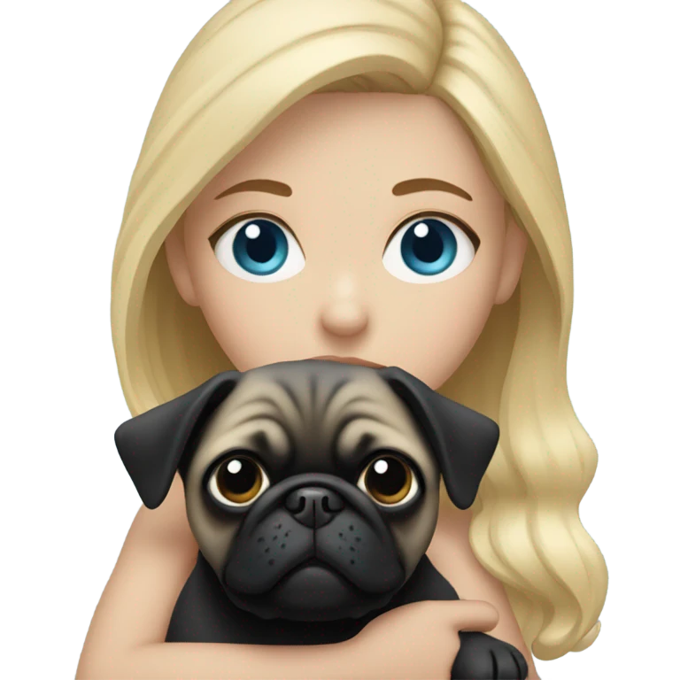 Girl with blonde hair and blue eyes holding a black pug emoji