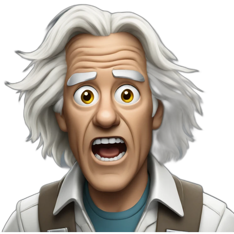 Doc brown from back to the future looking shocked and his mouth wide open. No eye-ware. Long hair emoji