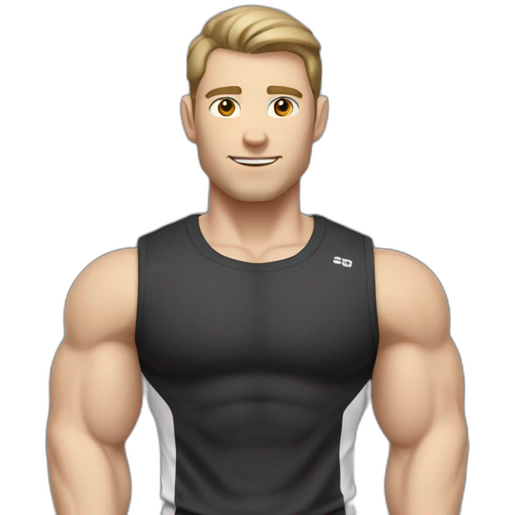 Pale skinned Fit Man With the biceps and dark brown hair in black shirt, gray sports shorts and white Sneakers His right hand near his back of the head emoji