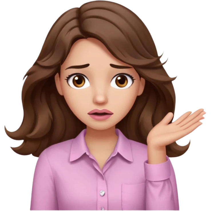 girl with wavy long brown hair, brown eyes, light to medium complexion, long lashes, light pink lipstick, wearing light pink shirt, shrugging with both hands, confused emoji