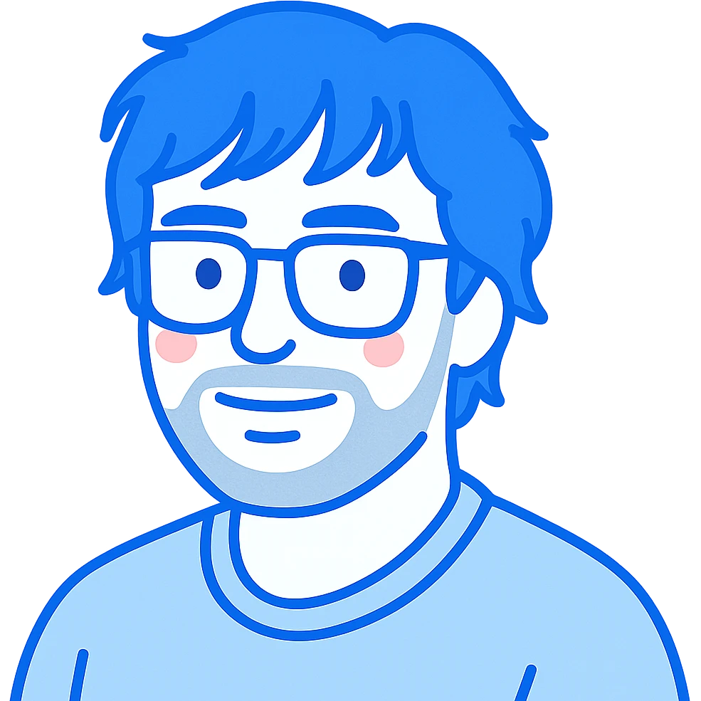 A man with glasses, stylishly messy longer hair with cool well-defined bangs, a naturally round face shape, and a broader nose. Use bright blue colors for the main outlines and details, subtle pink highlights only on the cheeks, and gray only for the short beard and shadow details where necessary. emoji