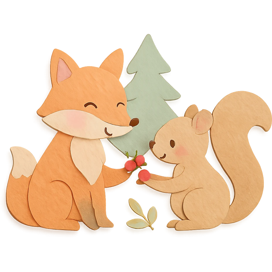 fox and squirrel sharing berries, forest friendship scene, soft pastel colors, paper-craft style emoji