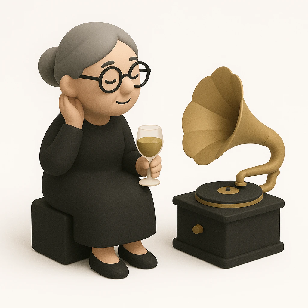 old lady with wineglass listening to gramophone emoji