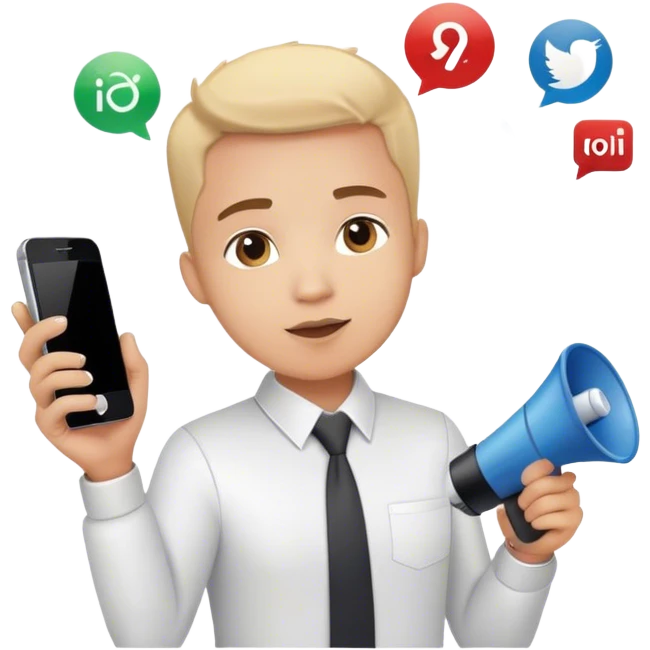 Emoji of a marketing professional: stylish look, holding a phone or megaphone, surrounded by social media icons or a growth chart emoji