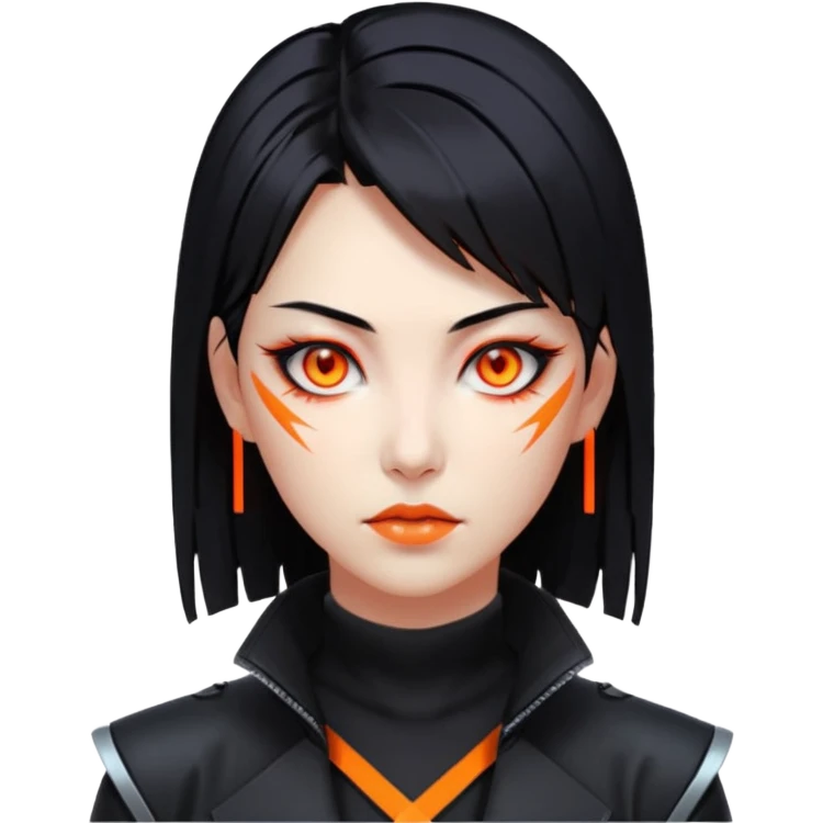 Cyberpunk Japanese woman, mid-50s looking young, sharp features, sleek black hair, glowing orange eyes, vengeful expression, neon highlights. emoji