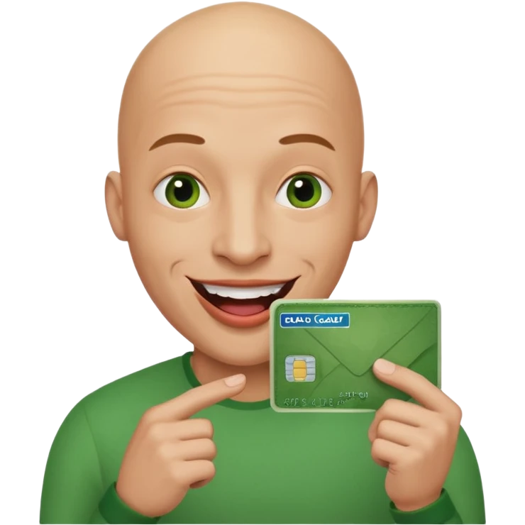 Bald man smiling with huge lips holding a green card  emoji