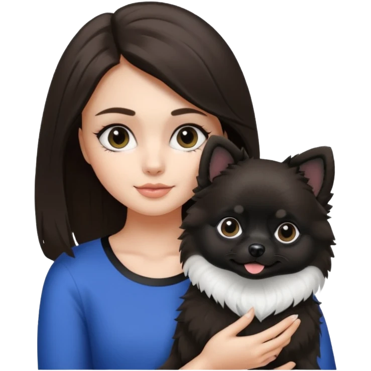 A brunette hair girl holding a black and white 1 Pomeranian dog who has black face but in the middle it’s white line emoji