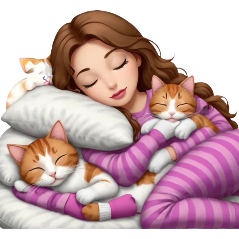 girl with long wavy brown hair, brown eyes, long lashes makeup, sexy pink lips, light to medium complexion,  sleeping on a cozy pillow, with 6 cats: 1 brown and white tabby cat, 1 ginger and white, 2 grey and white, 1 grey with white mittens and small white patch on chest and 1 calico, sleeping emoji