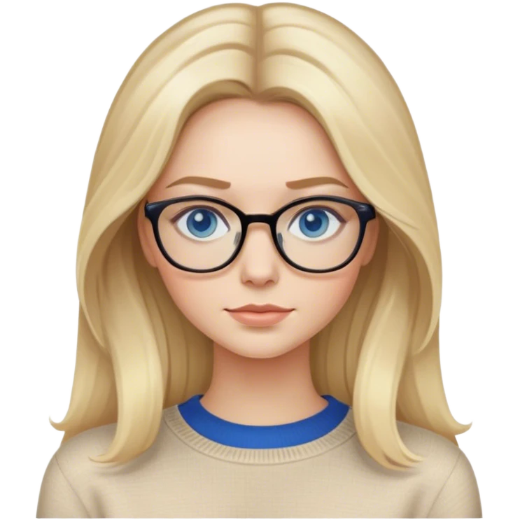 Hyper Realistic glamourous pale woman, long blonde balayage hair, no smile, beige sweater, blue eyes and glasses  emoji