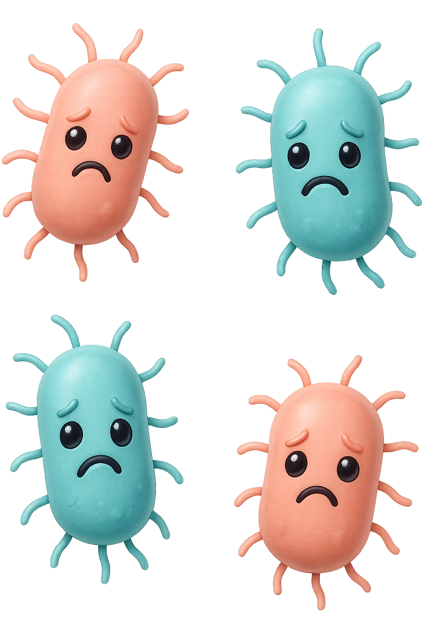 emoji stile iphone di batteri intestinali rosa salmone e turchesi con espressione triste che fluttuano in aria, iperrealistico 4k, isolato su sfondo bianco emoji