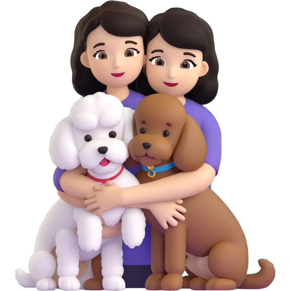 Woman with short black straight hair hugging a brown poodle and a white bichon frise emoji