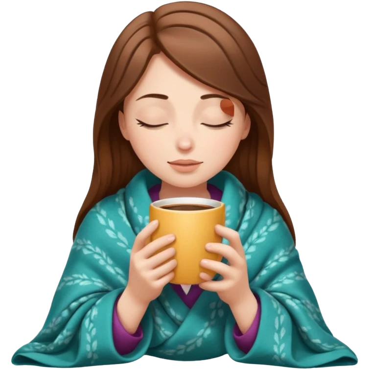 brown-haired white girl inside a blanket sipping coffee eyes closed emoji