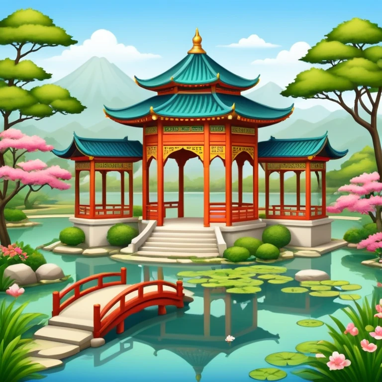 Oriental palace garden with pavilion and pond emoji