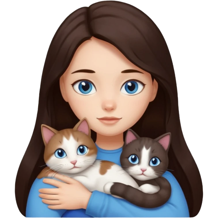 a girl with long dark 
brown hair, with blue eyes, hugs 3 different natural coloured cats emoji