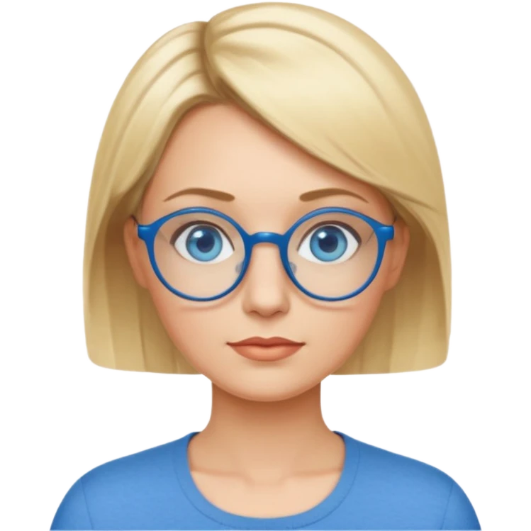femme 40 ans cheveux très courts blond avec raie sur le coté, yeux bleu et lunettes rondes bleues emoji