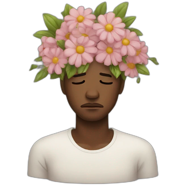 crying man with flowers on head emoji