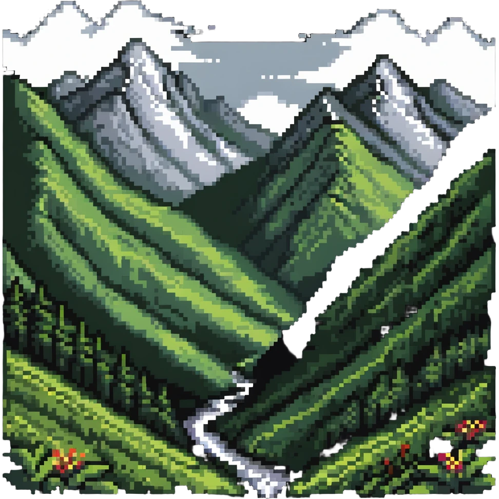 Scenic mountain valley with peaks and lush valleys emoji