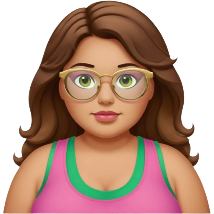 Baddie bratz girl with middle parted long wavy brown hair. green eyes. Plus size. pink tank top. Gold rimmed glasses emoji