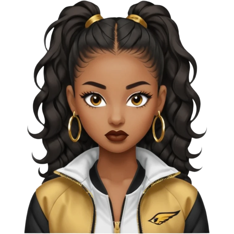 “black Emoji girl, fierce confident expression, sharp black winged eyeliner, bold brows, matte nude lips, long curled lashes, sleek high ponytail, gold hoop earrings, sporty streetwear jacket.” emoji