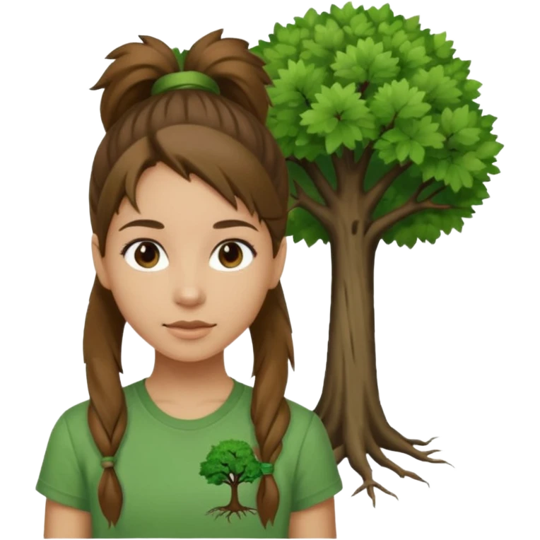 Make a zumba coach emoji, brown eyes, brown hair girl, green shirt with the "the roots" on it, longer pony tail hair, add tree logo on to the green shirt emoji