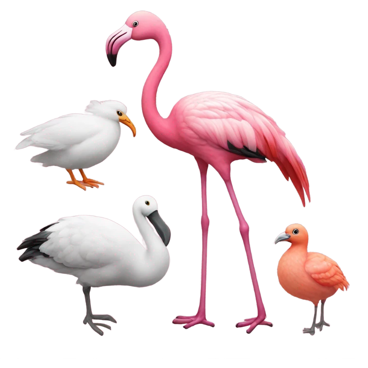 One tall flamingo, and three fat pig pigeons emoji