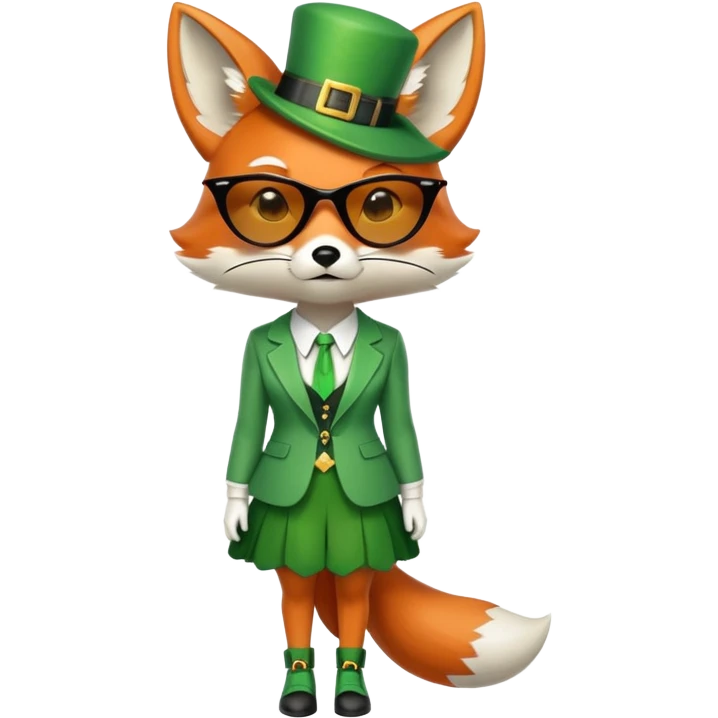 serious anthropomorphised female fox in stylish St. Patrick's Day outfit with sunglasses, looking sad and alone, full-body view emoji