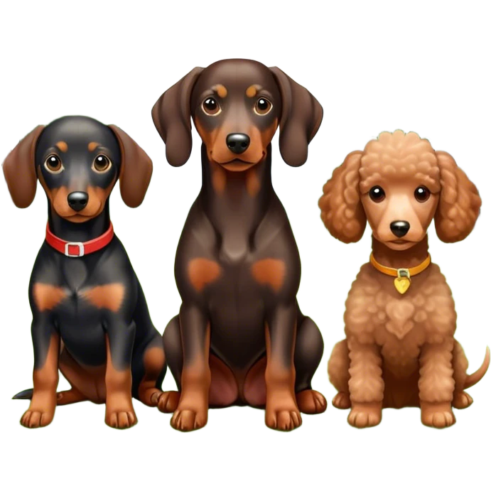 Close-up of a Doberman Pinscher, a Dachshund and a Poodle sitting together on lush green grass. The background features a beautiful, serene nature view with rolling hills and bright blue skies. The dogs' sleek coats shine under the sun. Transparent background. emoji