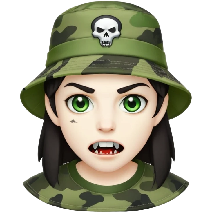 Vampire wearing a camo styled bucket hat. Green eyes. Dark hair. Two little fangs out the sides of mouth  emoji